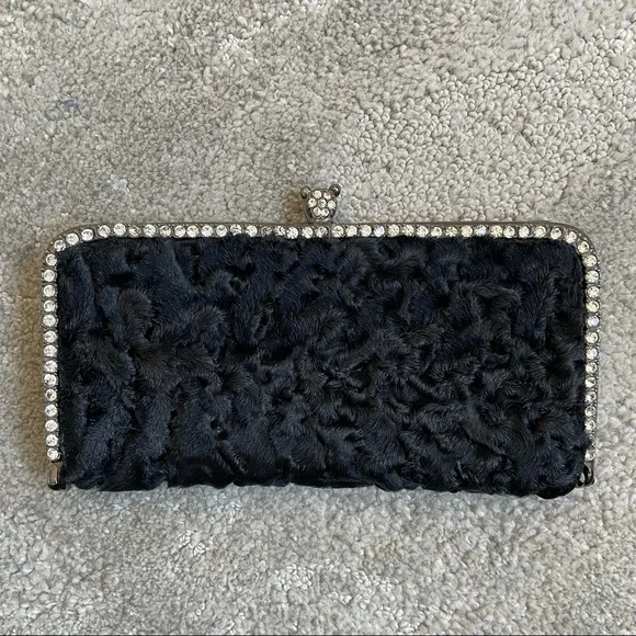 Clara Kasavina Black Fur Swarovski Crystal Embellished Evening Bag Clutch - Picture 3 of 11